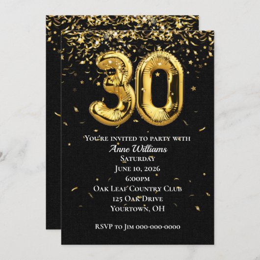 金箔バルーン30歳の誕生日パーティの招待状 招待状 (正面/裏面)
