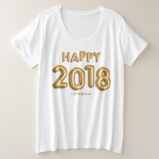 金箔バルーンHappy 2018 パーソナライズされた プラスサイズTシャツ (デザイン正面)