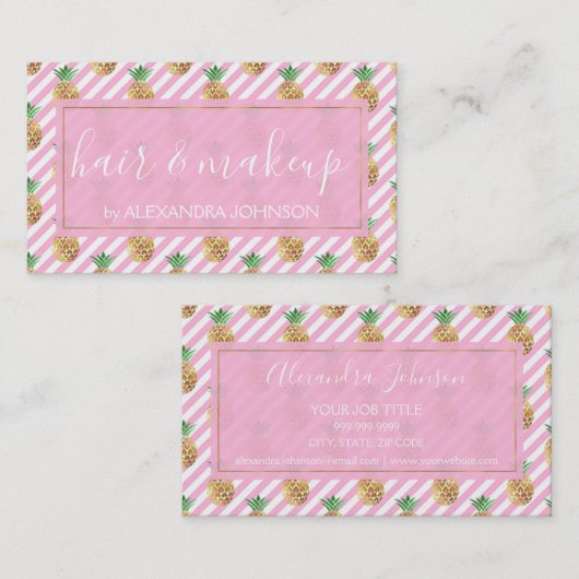 金箔パイナップルとピンクと白ストライプ色 名刺 (正面/裏面)