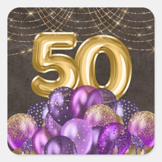 金箔パープルバルーン50誕生日 スクエアシール (正面)