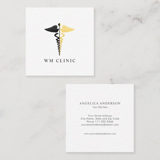 金箔フェイクと黒のカデュース記号 スクエア名刺 (正面/裏面)