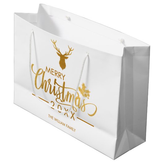 金箔フェイク鹿メリークリスマパーソナライズされたス ラージペーパーバッグ (正面アングル)