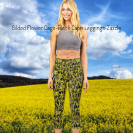 金箔フラワーケージブラック カプリレギンス