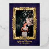 金箔フレーム結婚したクリスマスパープル写真 箔シーズンカード (正面)