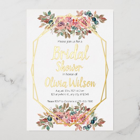 金箔フローラ金ゴールドフレームブライダルシャワー 箔招待状 (正面)