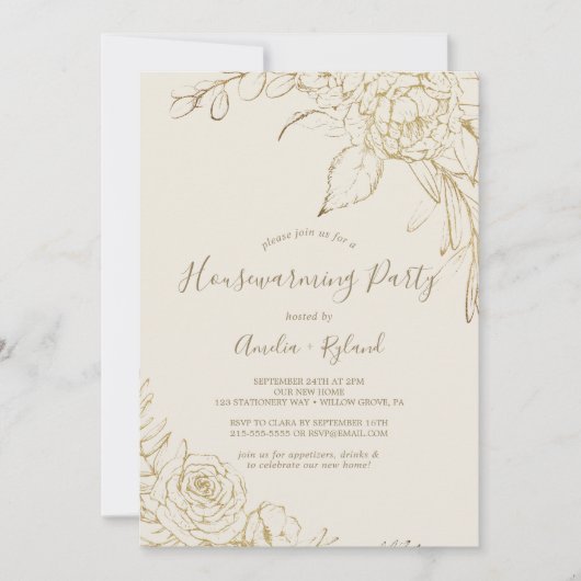 金箔フローラ |クリームと金ゴールド引っ越し祝いパーティーパーティー 招待状 (正面)