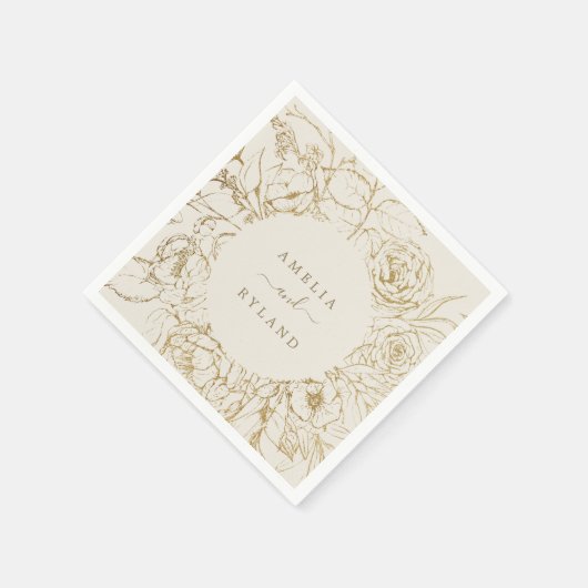 金箔フローラ |クリームと金ゴールド結婚ズ スタンダードカクテルナプキン (角)