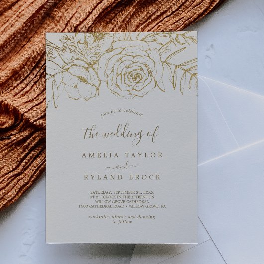 金箔フローラ |クリーム結婚と金ゴールド 招待状