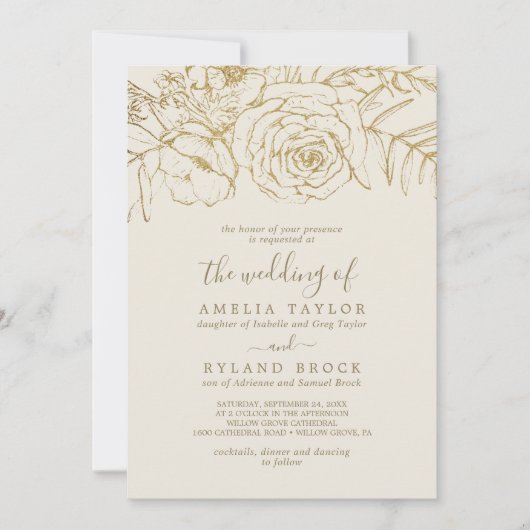 金箔フローラ |クリーム金ゴールドの親の名前結婚の 招待状 (正面)