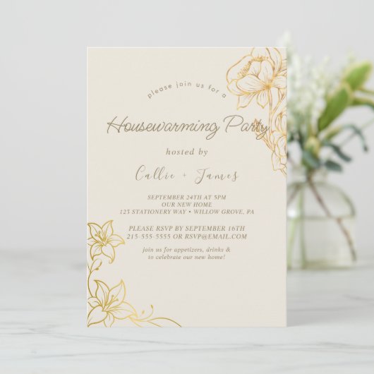 金箔フローラ | クリーム&金ゴールド引っ越し祝いパーティー 招待状 (スタンド正面)