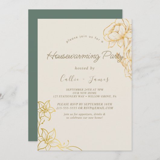 金箔フローラ | クリーム&金ゴールド引っ越し祝いパーティー 招待状 (正面/裏面)