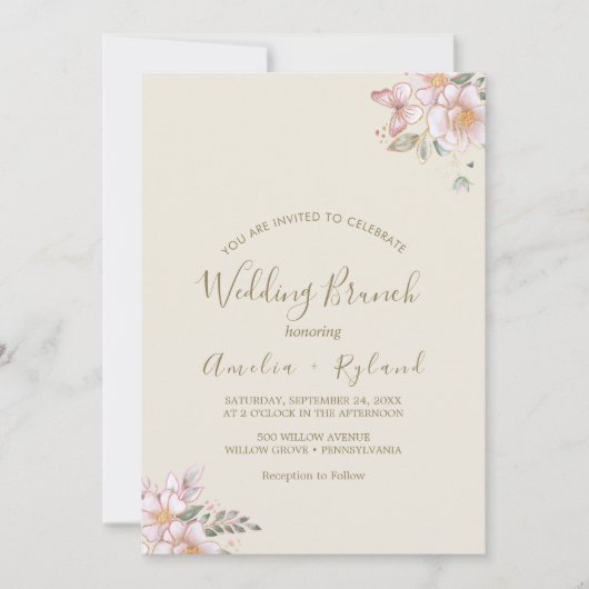 金箔フローラ | クリーム&金ゴールド結婚ズブランチ 招待状 (正面)