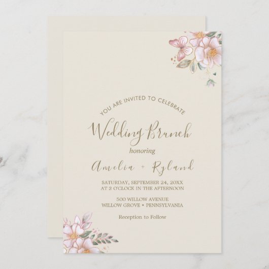 金箔フローラ | クリーム&金ゴールド結婚ズブランチ 招待状 (正面/裏面)