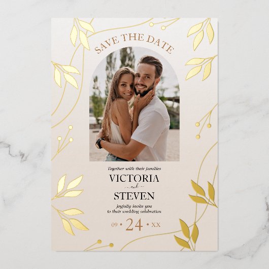 金箔フローラ |ゴールドフォイルクリーカジュアルム結婚ズ 箔招待状 (正面)