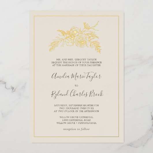 金箔フローラ |ゴールドフォイルクリーフォーマルム結婚ズ 箔招待状 (正面)