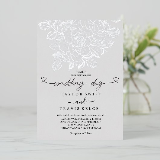 金箔フローラ | シルバーフォイル灰色の結婚式の日 箔招待状 (立ち正面)