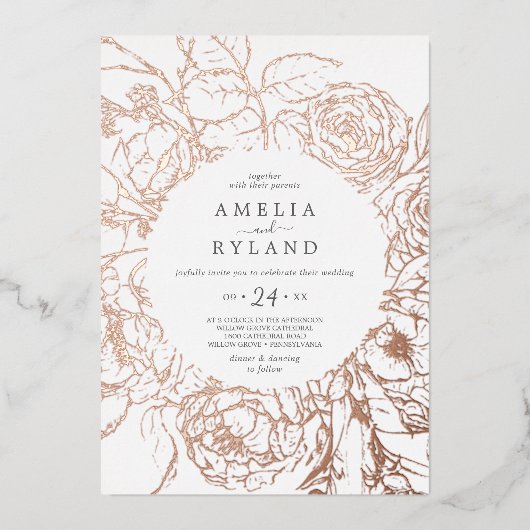 金箔フローラ |バラゴールドフォイルカジュアル結婚ズ 箔招待状 (正面)