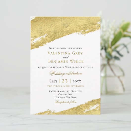 金箔ブラシモダンエレガント金ゴールド結婚の 招待状 (スタンド正面)