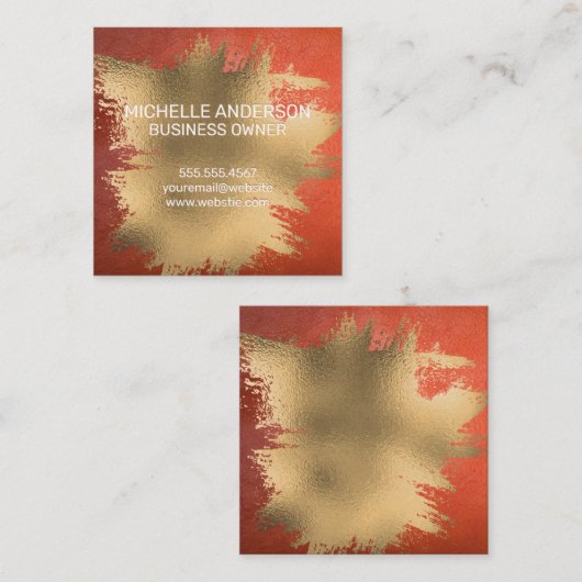 金箔ブラシ付きオレンジ色のレザーテクスチャ スクエア名刺 (正面/裏面)