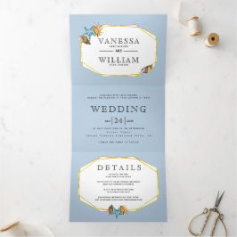 金箔ポリゴンと貝殻ビーチ結婚式 三つ折り招待状