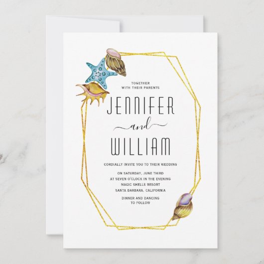 金箔ポリゴンと貝殻ビーチ結婚式 招待状 (正面)