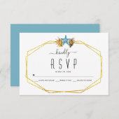 金箔ポリゴンと貝殻ビーチ結婚式RSVP 出欠カード (正面/裏面)