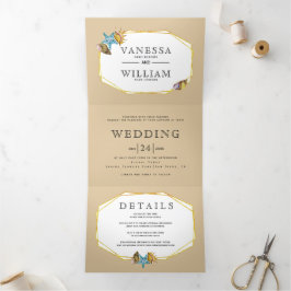 金箔ポリゴンシーシェル砂ビーチ結婚式 三つ折り招待状