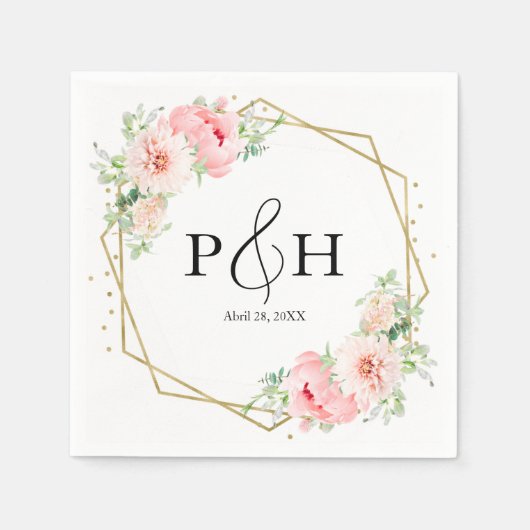 金箔モノグラム幾何フローラ結婚ズ スタンダードカクテルナプキン (正面)