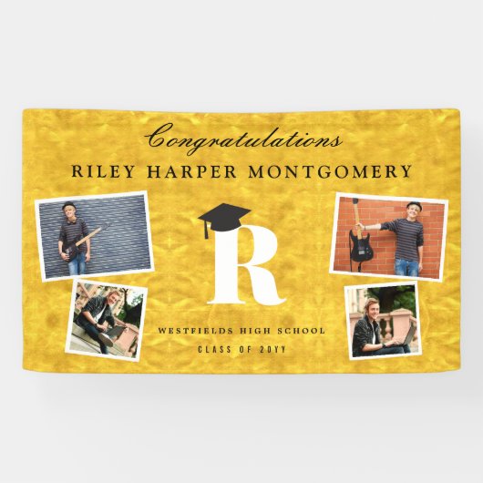 金箔モノグラム4写真卒業モダンパーティー 横断幕 (横)