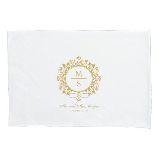 金箔モノグラ結婚ムの白と金ゴールド 枕カバー (正面)