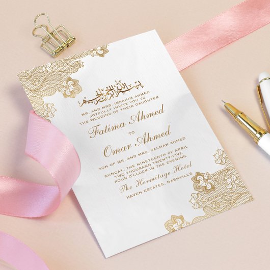 金箔レース華美クリームイスラム結婚教徒 招待状