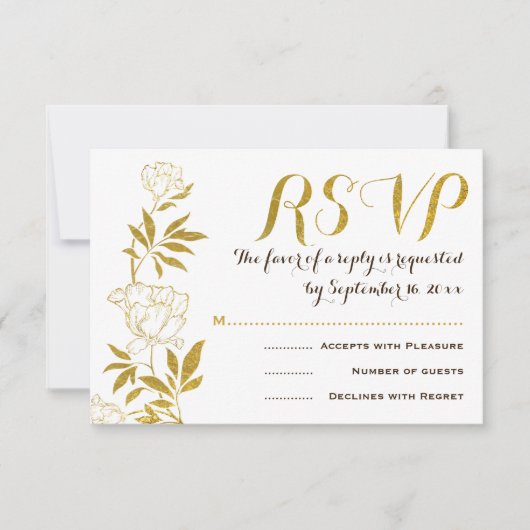 金箔ヴィンテージ牡丹フローラ結婚式RSVP 出欠カード (正面)