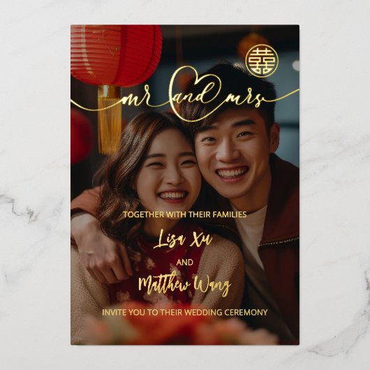 金箔二言語 中国式結婚式 写真 箔招待状 (正面)