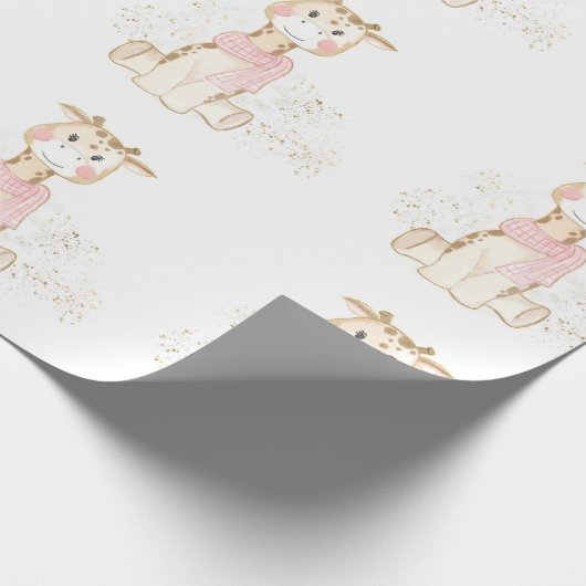 金箔付きかわいいキリン赤ちゃんガールシャワー ラッピングペーパー (角)