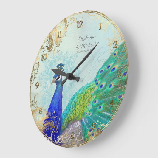 金箔付きエージピーコック羽フェイク金ゴールドリーフヴィンテージ ラージ壁時計 (傾斜)