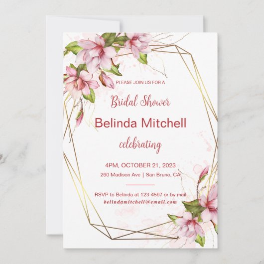 金箔付きフェイクマグノリアス枠ブライダルシャワー 招待状 (正面)