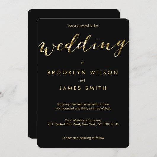 金箔付き円形ブラック結婚式招待状 招待状 (正面/裏面)