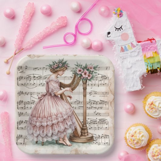 金箔付き時代のハーピストの楽譜 ペーパープレート (パーティー)