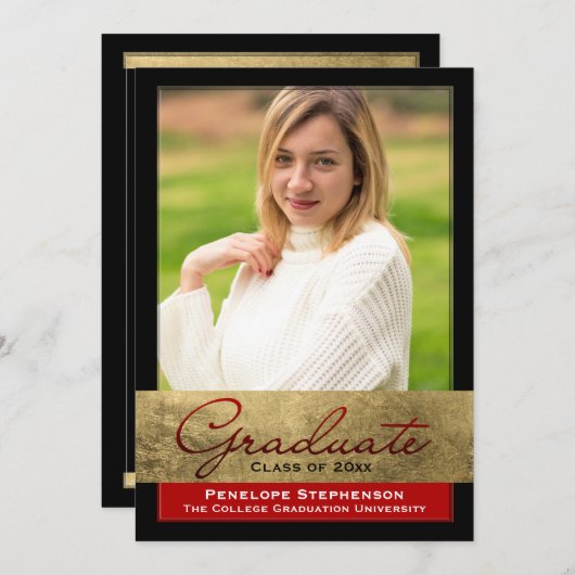 金箔付き赤の効果写真卒業 招待状 (正面/裏面)