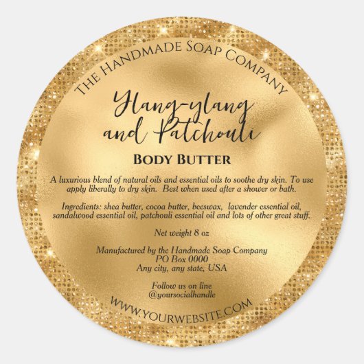 金箔及び金ゴールドグリッター化粧品瓶ラベル ラウンドシール (正面)