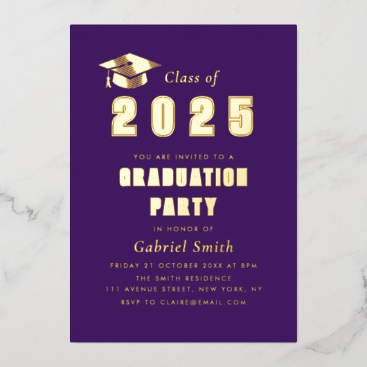 金箔年紫卒業式パーティーの招待 箔招待状 (正面)