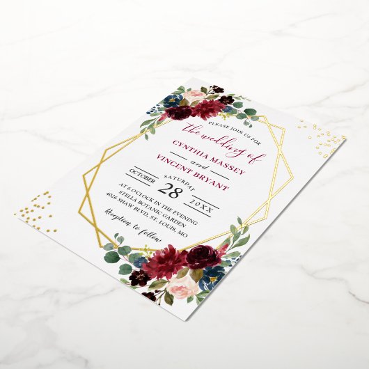 金箔幾何学模様 |ブルゴーニュ海軍フローラ結婚ズ 箔招待状 (回転した状態)