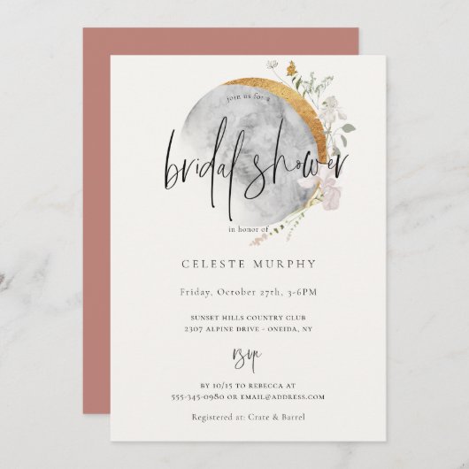 金箔張りワイルドフラワームーンブライダルシャワー招待 招待状 (正面/裏面)