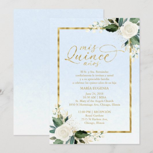 金箔押しスペイン風ケンカネーラ(Quinceanera)招待状 招待状 (正面/裏面)