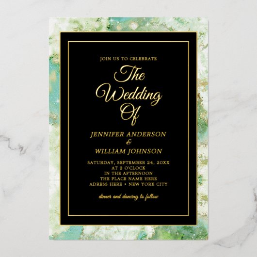 金箔書道エレガントグリーンウォーター色インキ 箔招待状 (正面)