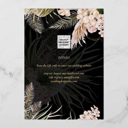 金箔熱帯パンパスグラス結婚ズの救日付 箔招待状 (裏面)