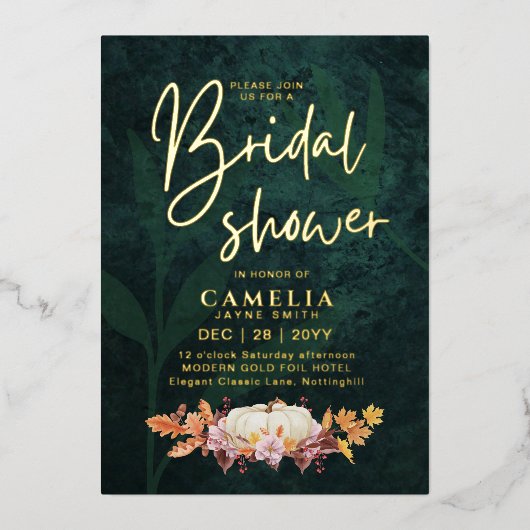 金箔秋かぼちゃグリーンブライダルシャワーQRコード 箔招待状 (正面)