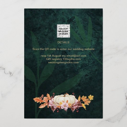 金箔秋かぼちゃグリーンブライダルシャワーQRコード 箔招待状 (裏面)