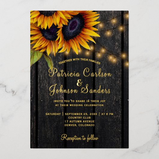 金箔素朴なヒマワリ結婚ス 箔招待状 (正面)