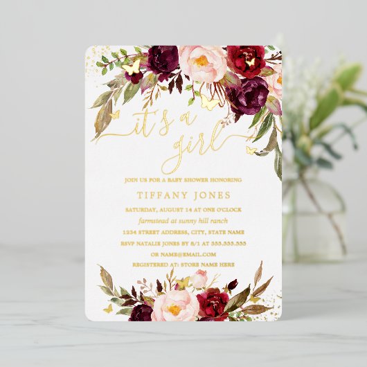 金箔赤面バーガンディフローラベビーシャワー 箔招待状 (立ち正面)